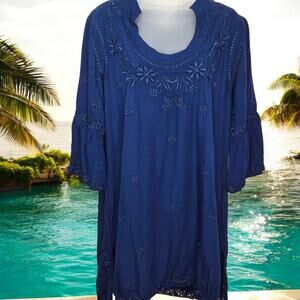 Escapada Beach Swim Cover Up Shift Dress XL Navy Blue Embroidered Rayon Fits M/L